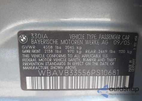 2006 BMW 330I из США, поврежденный, VIN WBAVB33556PS10681